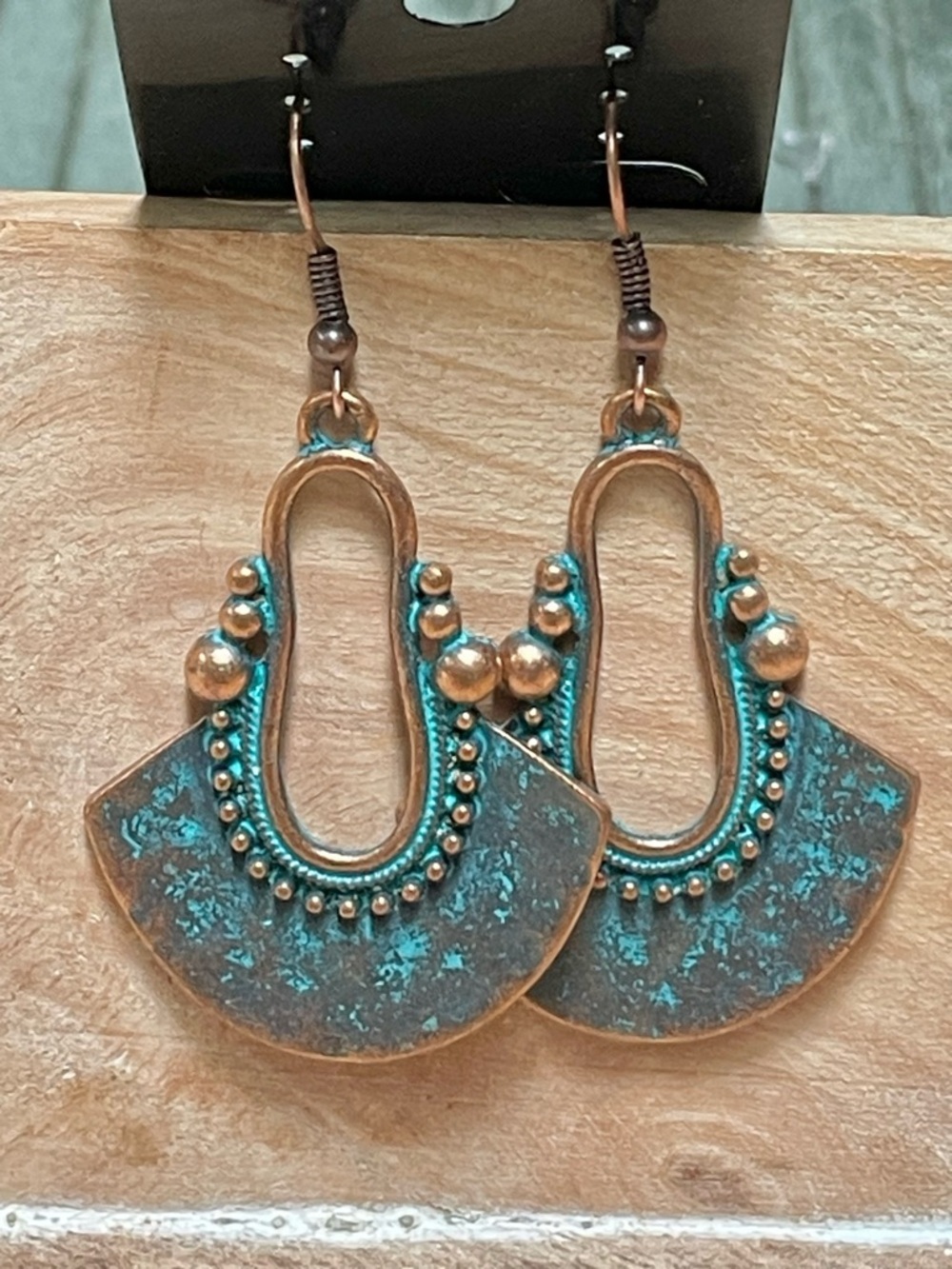 Bohemian Patina Copper Teardrop Earrings - Turquoise Patina - Picture 2 of 3